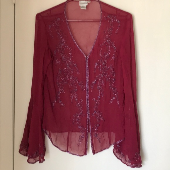 Newport News Tops - Beaded sheer silk top. Front hook closure